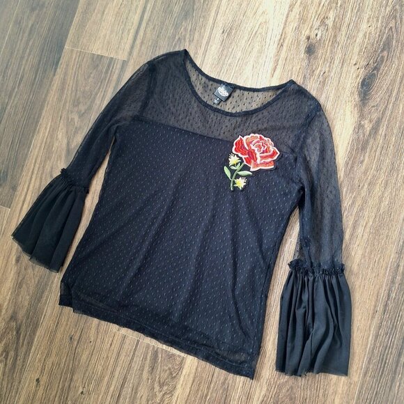 💙 Disney Coco Wide Sleeve Mesh Lined Stretchy Shirt Rose Embroidery Y2K Size S - Picture 2 of 8